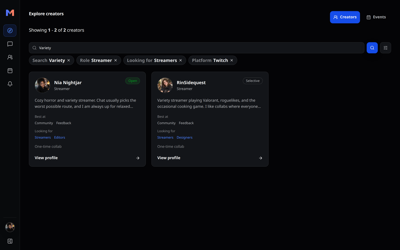 Creator discovery searched for variety creators and filtered to Twitch streamers looking for other streamers.